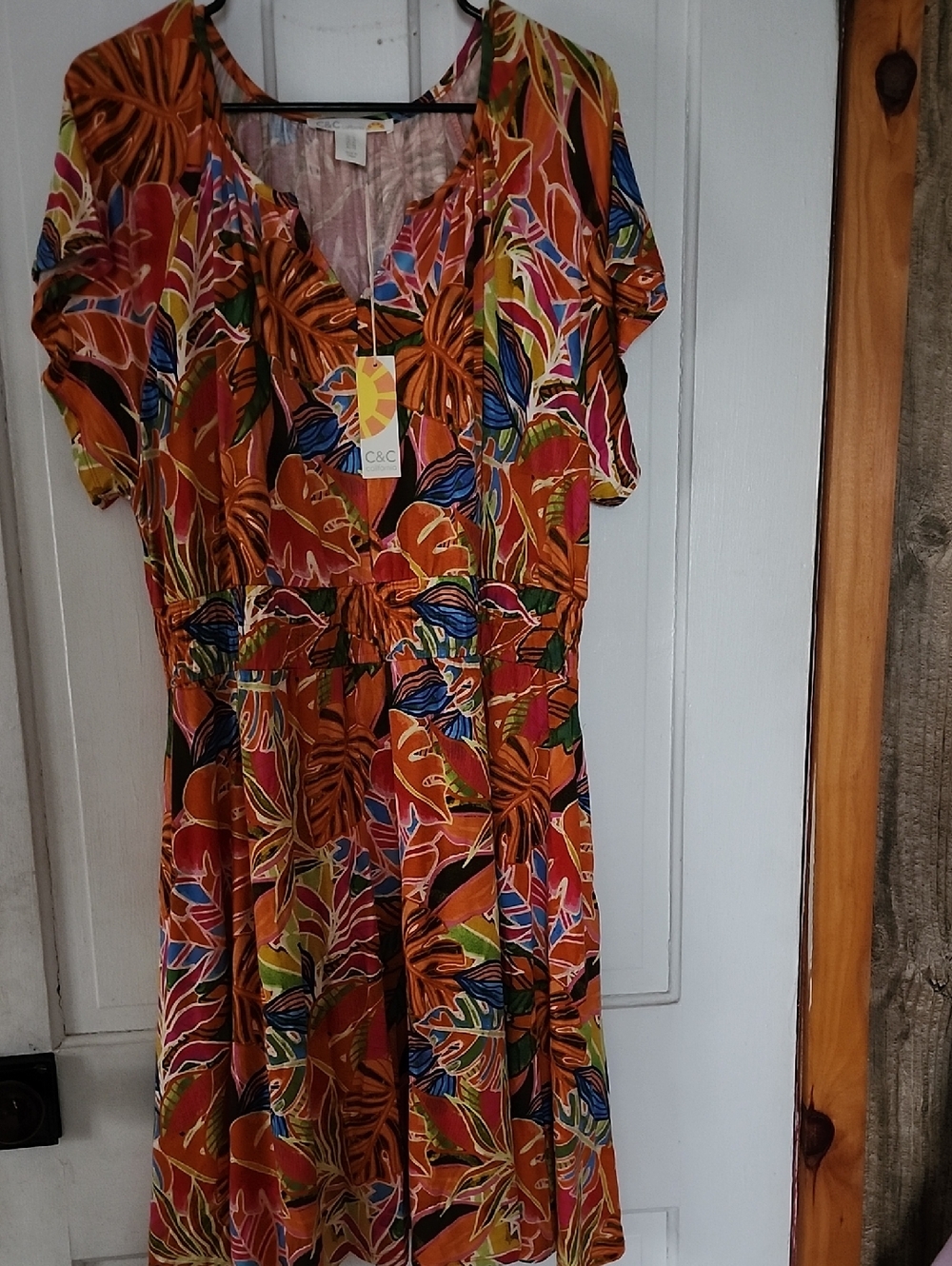 C&C California Orange Multicolor Tropical-Leaf Midi Dress
